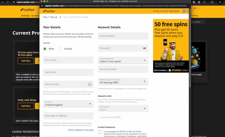 An image of the sign-up process at BetFair, a leader among UK casino sites.